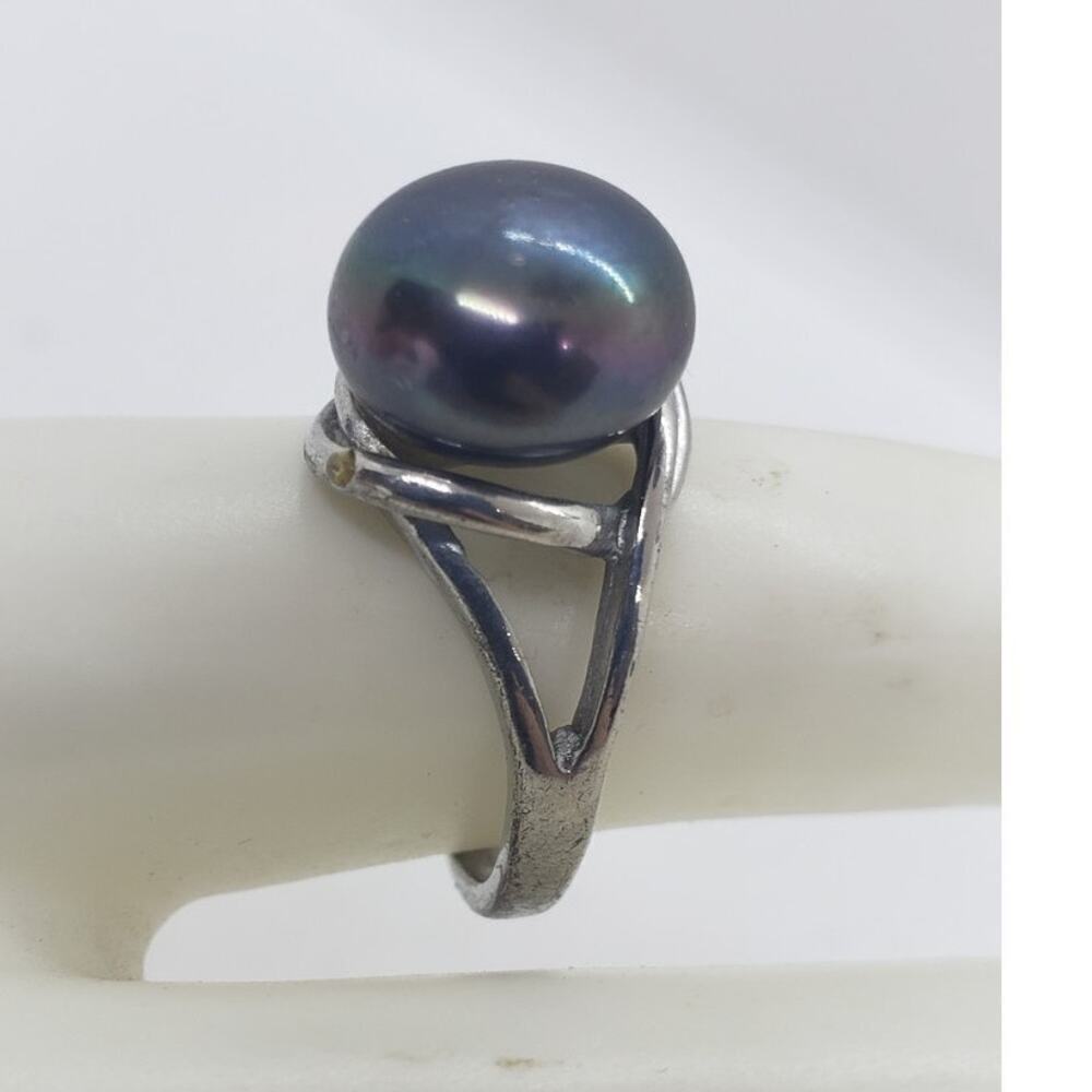 Vintage Genuine Gray Peacock Pearl Ring Size 8 Silver Plated HUGE Iridescent